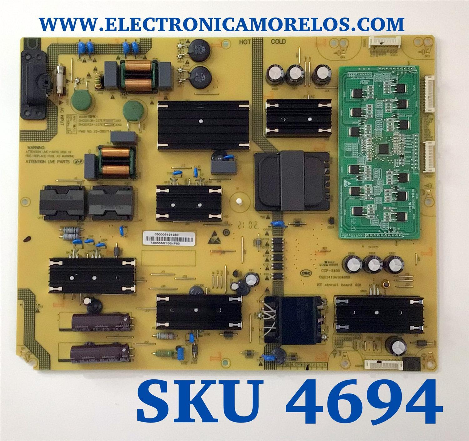 FUENTE PARA TV SUNBRITETV / NUMERO DE PARTE 050006191280 / SHG5510B-237E / SHG6512A-237E / CQC14134104969 / CCP-3401 / MODELO SB-V-65-4KHDR
